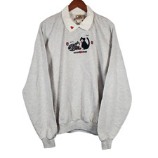 VTG Top Stitch Cat Sweatshirt XL Collared Flocked Felt Heart Grandma Cottagecore