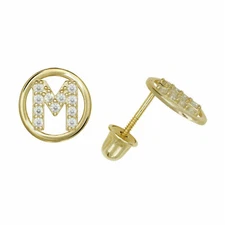 14K Yellow Gold Letter "M" Initial Round Child Screw Back  Stud Earrings