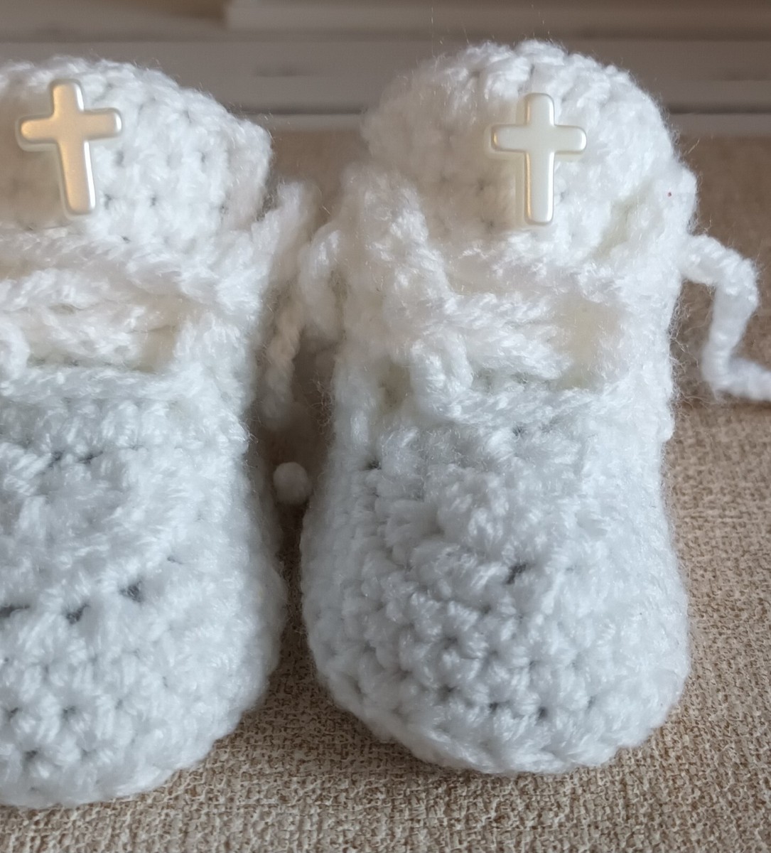 Baby Crochet Cross Christening HANDMADE TRAINERS Sneakers Boots White Pearl