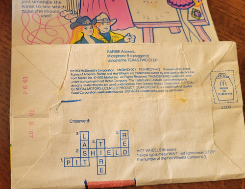 McDonalds empty Happy Meal food bag 1993 Hot Wheels / Barbie - Picture 3 of 3