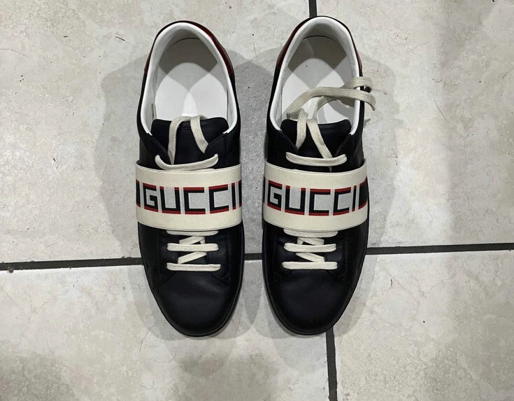 Gucci New Ace Stripe Leather Men s Black Sneaker Size 11G eBay