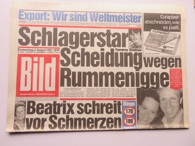 Bild Zeitung vom 06.08.1987, Tommy Steiner, Maria Wittaker, Rut Rex, Barbara Car