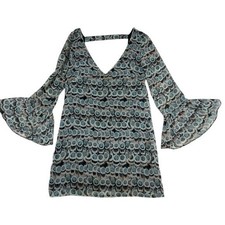 Show Me Your Mumu Boho Bell Sleeve Mini Dress Sheer Retro V-Neck Back Strap S