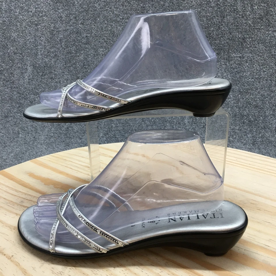 Italian Shoemakers Sandals Womens 9 Slide Silver Faux Leather Sequin Embellished - Image 2 of 4