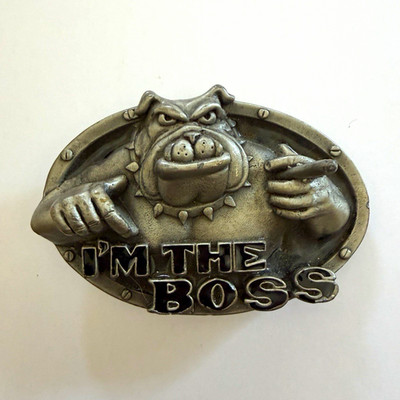 Herren Gürtelschnalle Bulldogge ''I M THE BOSS'' oval Metall silber/schwarz
