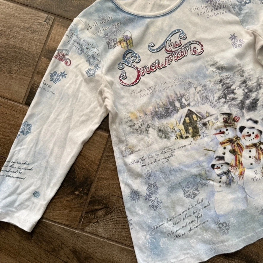 Camisa Cactus Y2K Embellecida El Muñeco de Nieve Estampado de Invierno Manga 3/4, Azul, M Foto 4 de 4