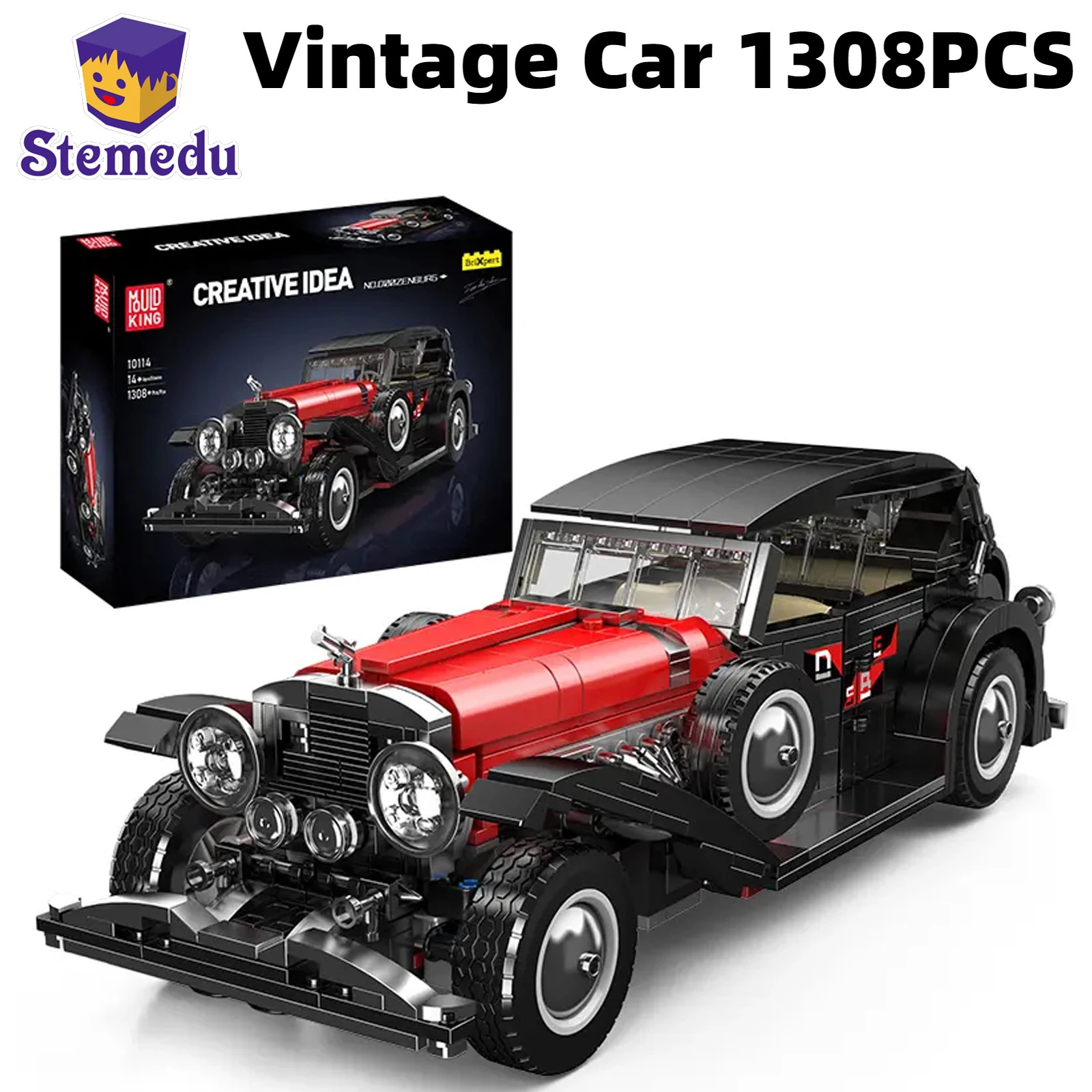 Voiture technique 10114 rouge vintage avec direction fonctionnelle et 1308 pièces