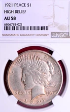 NGC AU-58! 1921 HIGH RELIEF PEACE DOLLAR
