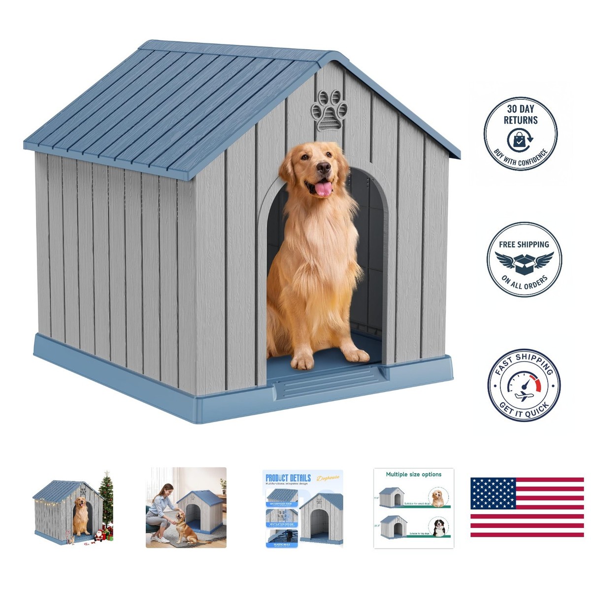 Blue Dog House with Raised Floor & Air Ventilation - Easy Setup