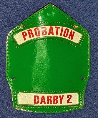 Cairns Darby Fire Patrol 2 Probation Green Leather Fire Helmet Front Shield 