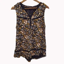 Lucky Brand Womens L Black Floral Sleeveless Blouse Crochet Trim Boho Top