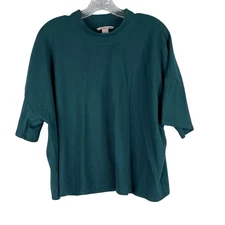 Victoria's Secret Shirt Womens L Blue Waffle Knit Mock Neck Short Sleeve Boxy