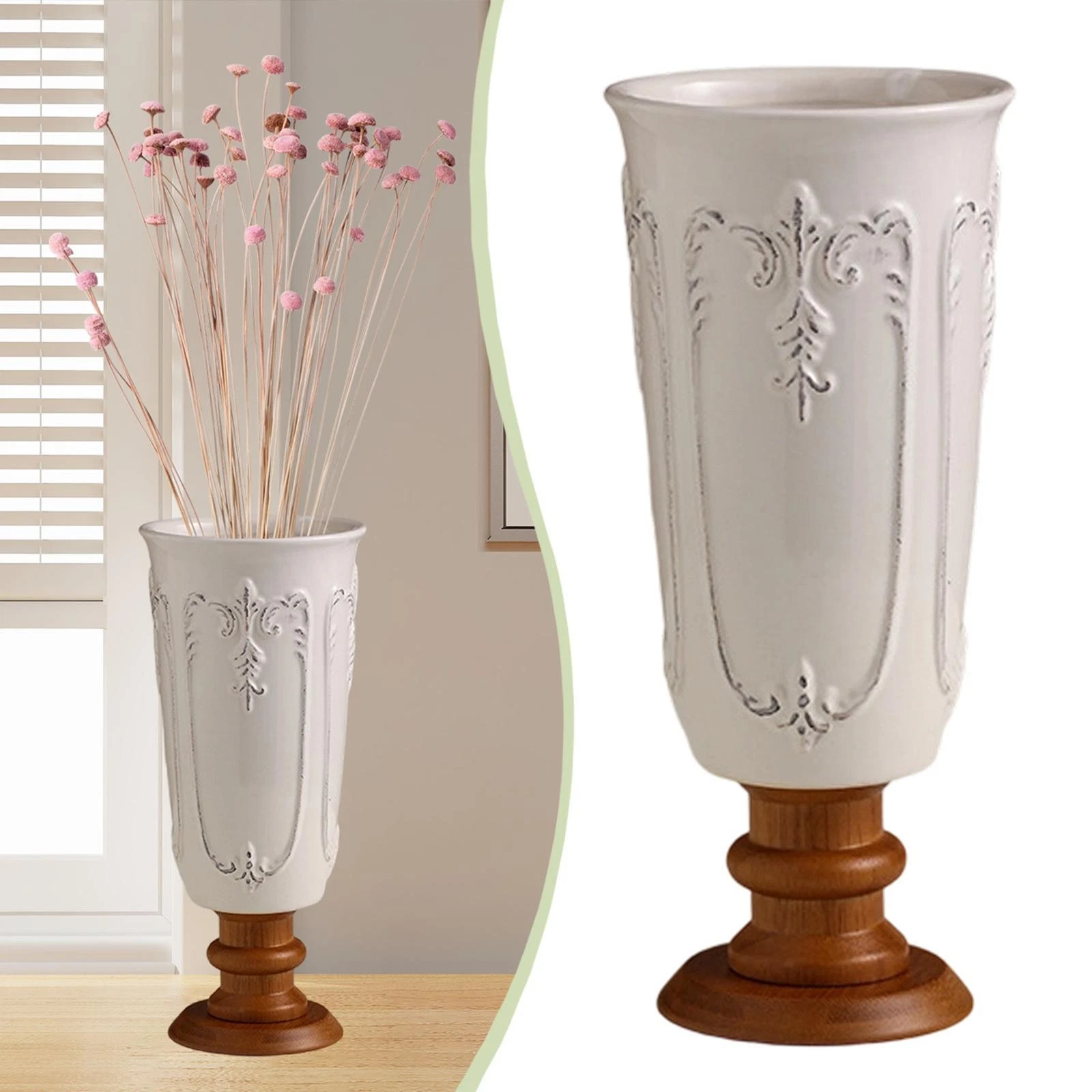 Flower Vase with Wooden Base Flower Holder Artwork Stylish Unique Ceramic Vase