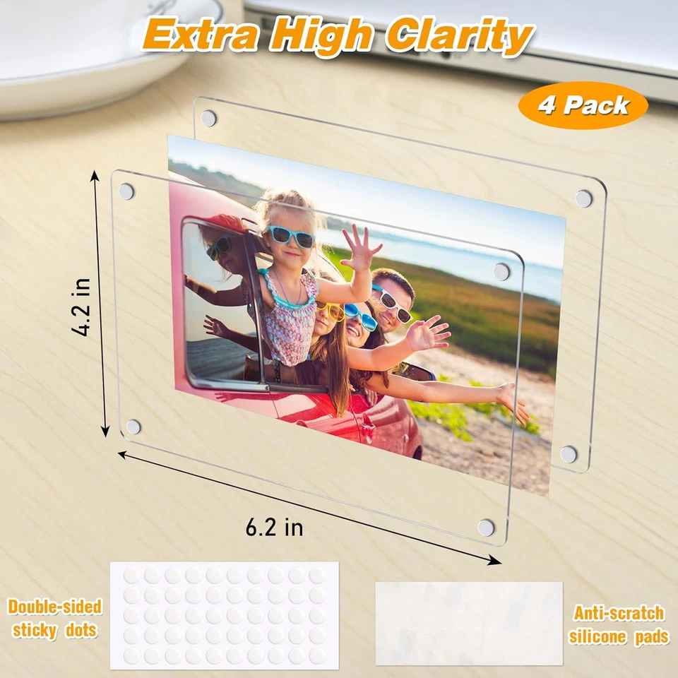 Paquete de 4 marcos de fotos magnéticos acrílicos 4x6 marco de fotos transparente de doble cara para refrigerador Foto 2 de 4