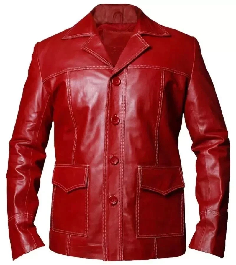 Brad Pitt Fight Club Jacket Red Tyler Durden Style Real Leather FC Costume - Image 4 of 4