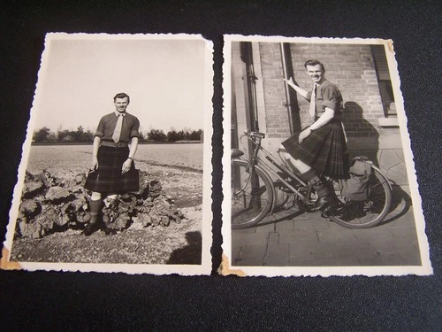 WW2 Military Man Wearing Kilt on Bike Cycle 2 Vintage Photo's