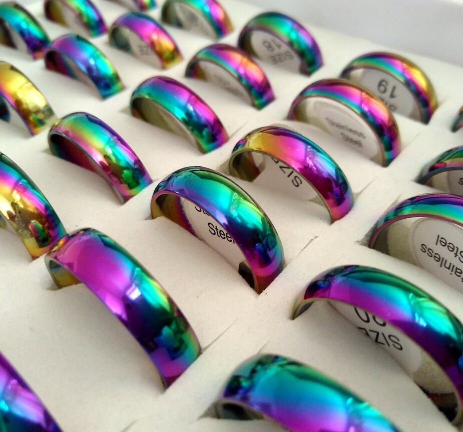 36 Rainbow Color Stainless Steel Rings 6mm Band Men Women Ring