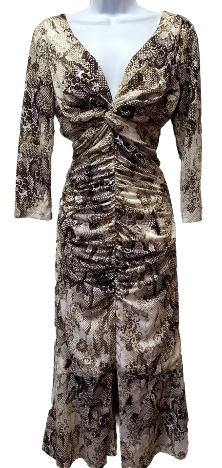 Vestido de sirena Guess para mujer 6 estampado de serpiente fruncido busto torcido frontal abertura Foto 2 de 4