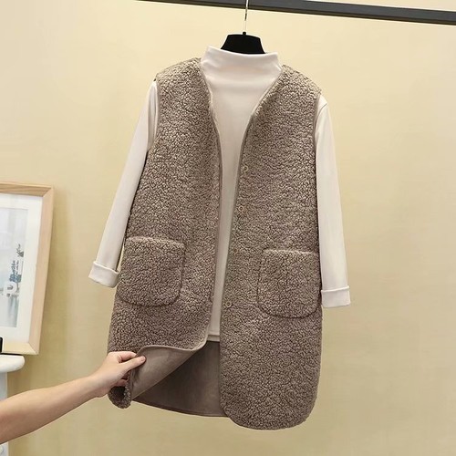 Women Pocket Gilets Button Lambswool Jacket Long Coats Fleece Fur Waistcoat Vest - Picture 4 of 21