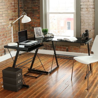 Walker Edison Soreno 3 Piece Corner Desk Black With Glass Walker Edison Soreno 3 Piece Corner