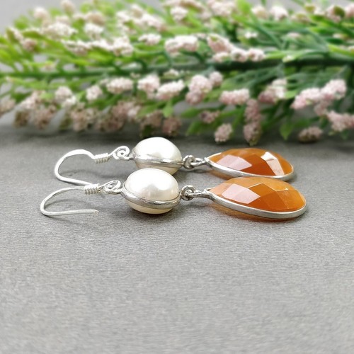 35.55cts Biwa Pearl ,Yellow Stone 925 Sterling Silver Jewelry Earrings 2.00"gift - Imagen 4 de 6