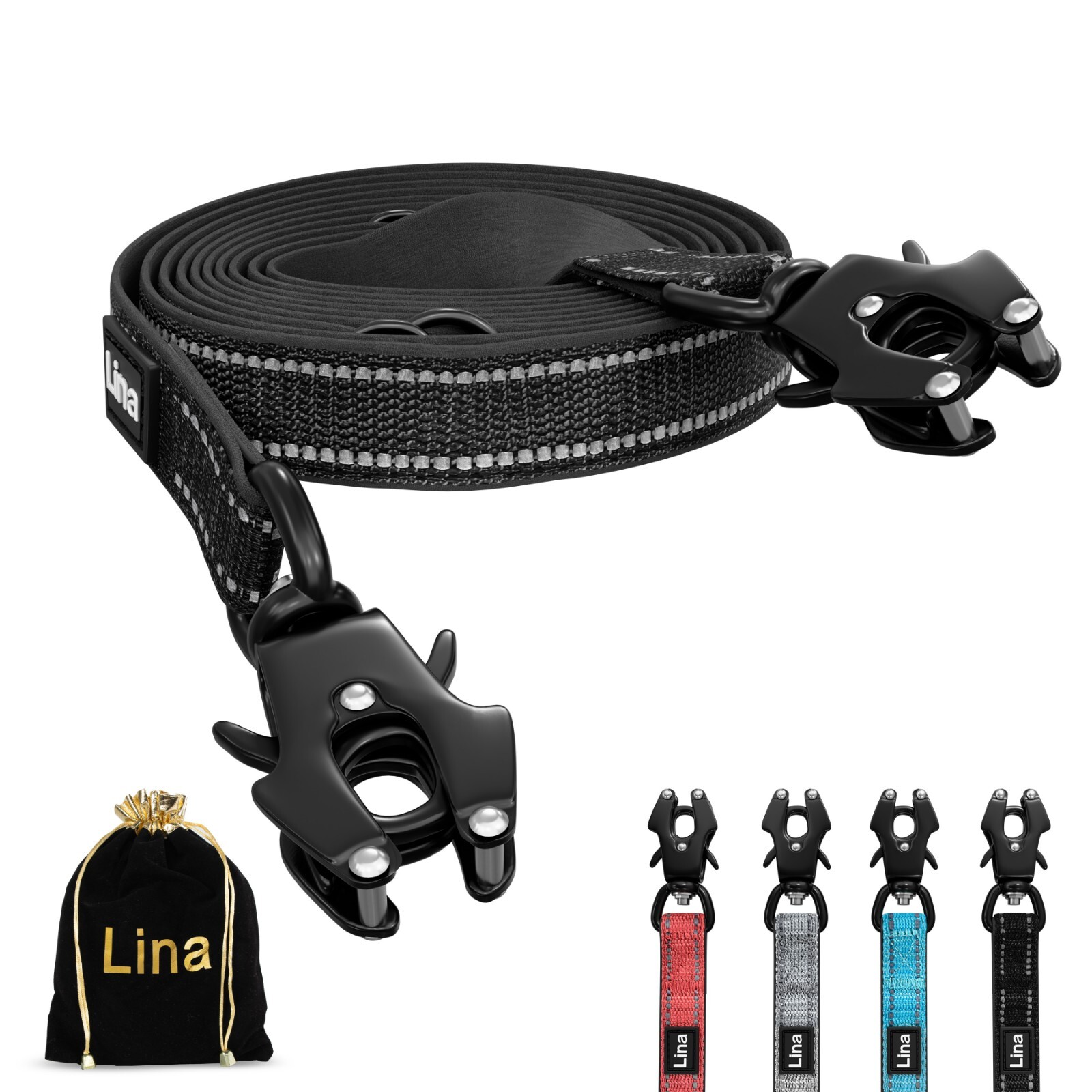 Hundeleine -3m- Verstellbare Doppelleine Laufleine Polsterung–2 Frosch-Karabiner