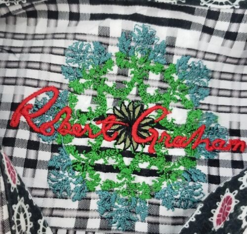 Robert Graham Men’s Large Button Shirt White Plaid Long Sleeve Floral Flip Cuff - Picture 4 of 12