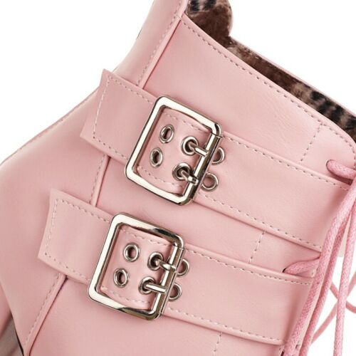 Women's Punk Ankle Boots Round Toe Block High Heel Buckle Platform Shoes 44-48 D - Picture 2 of 17