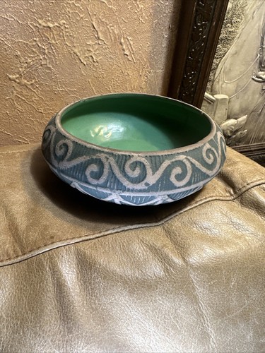 Red Wing Stoneware Arts & Crafts Green Brush Ware Bulb Planter Bowl Greek Design - Picture 21 of 23