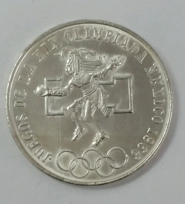 Wide Design National Arms Eagle on Cactus 1968 Mexico Olympic 25 Pesos Silver Coin Ley .720 Silver Coin 925 Sterling Silver Necklace NEW