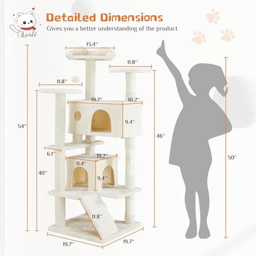 54" Multi-Level Cat Tree with Scratching Posts Toys Plush Padded Cat Tree Tower - Picture 3 of 12