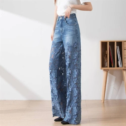 Mujer Cintura Alta Hueco Encaje Patchwork Suelto Pierna Ancha Jeans- - Imagen 1 de 15