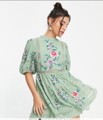 asos design embroidered mini dress with lace trims ASOS DESIGN high neck textured embroidered mini dress lace trim sage green  10