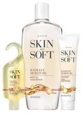 3 pc Avon Skin So Soft RADIANT MOISTURE Bath Oil 25oz Shower Gel 5oz &Hand Cream