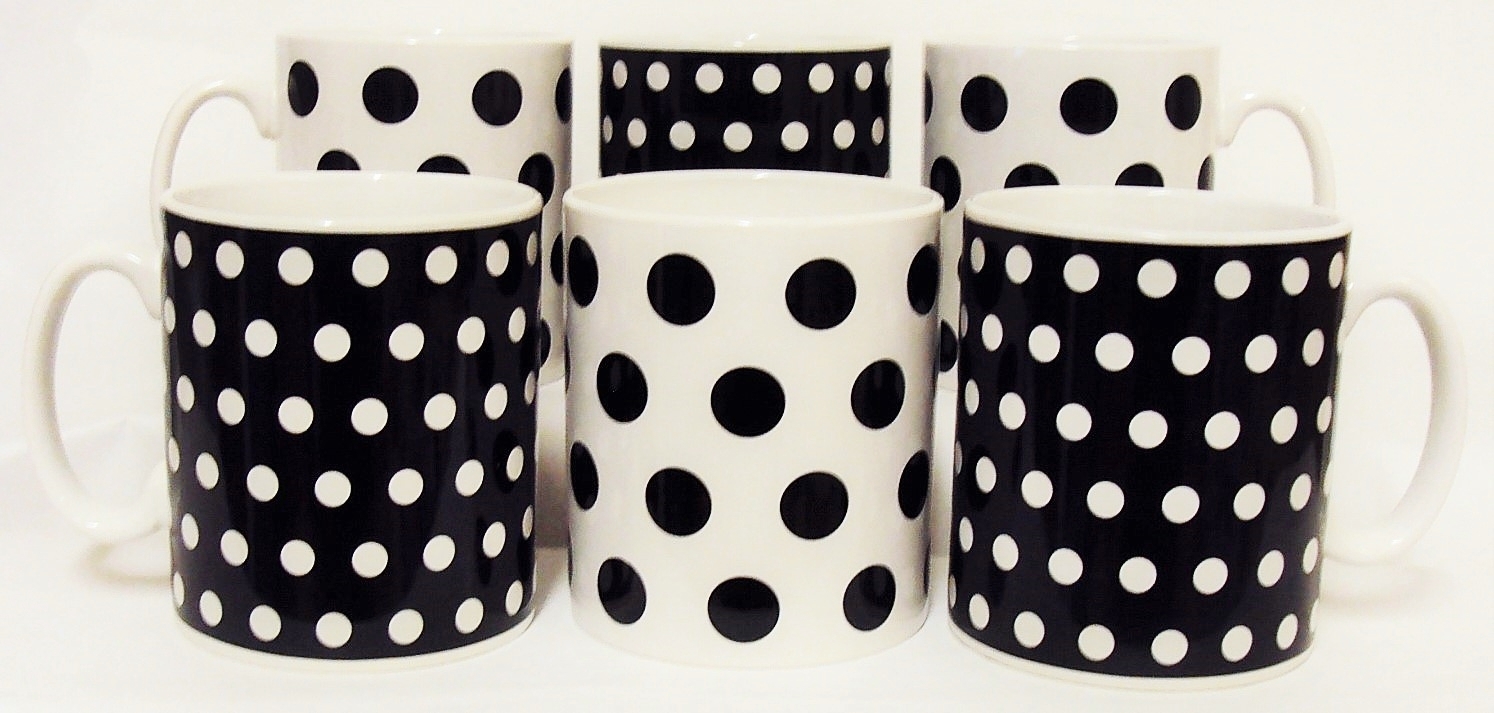 Black Dots and Spots Mugs Set of 6 Porcelain Black Mugs Hand Decorated in the UK