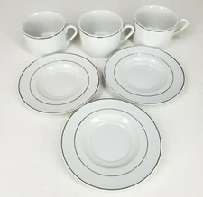 Gibson Elite Coffee Mug an Saucer White With Silver Band Top Lip Set Of 6