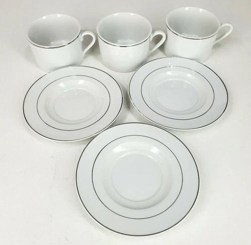 Gibson Elite Coffee Mug an Saucer White With Silver Band Top Lip Set Of 6