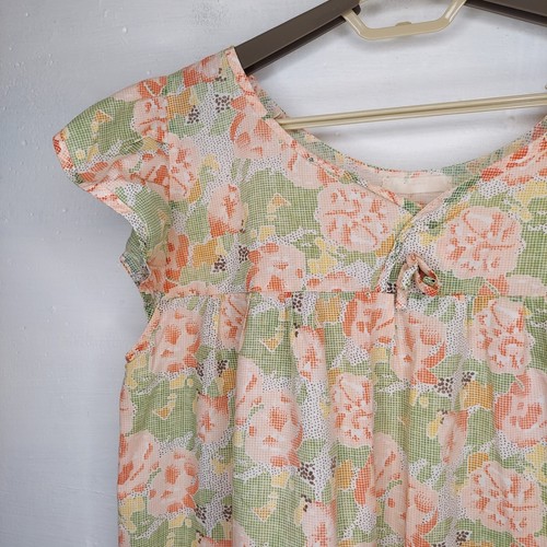 Robe de maison vintage vert moyen rose floral volants manches bouffantes poche prairie - Photo 4/6