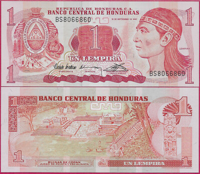 HONDURAS 1 LEMPIRA 1992 UNC PREFIX BS,WITHOUT VERTICAL BAR,ILLUSTRATION OF THE R
