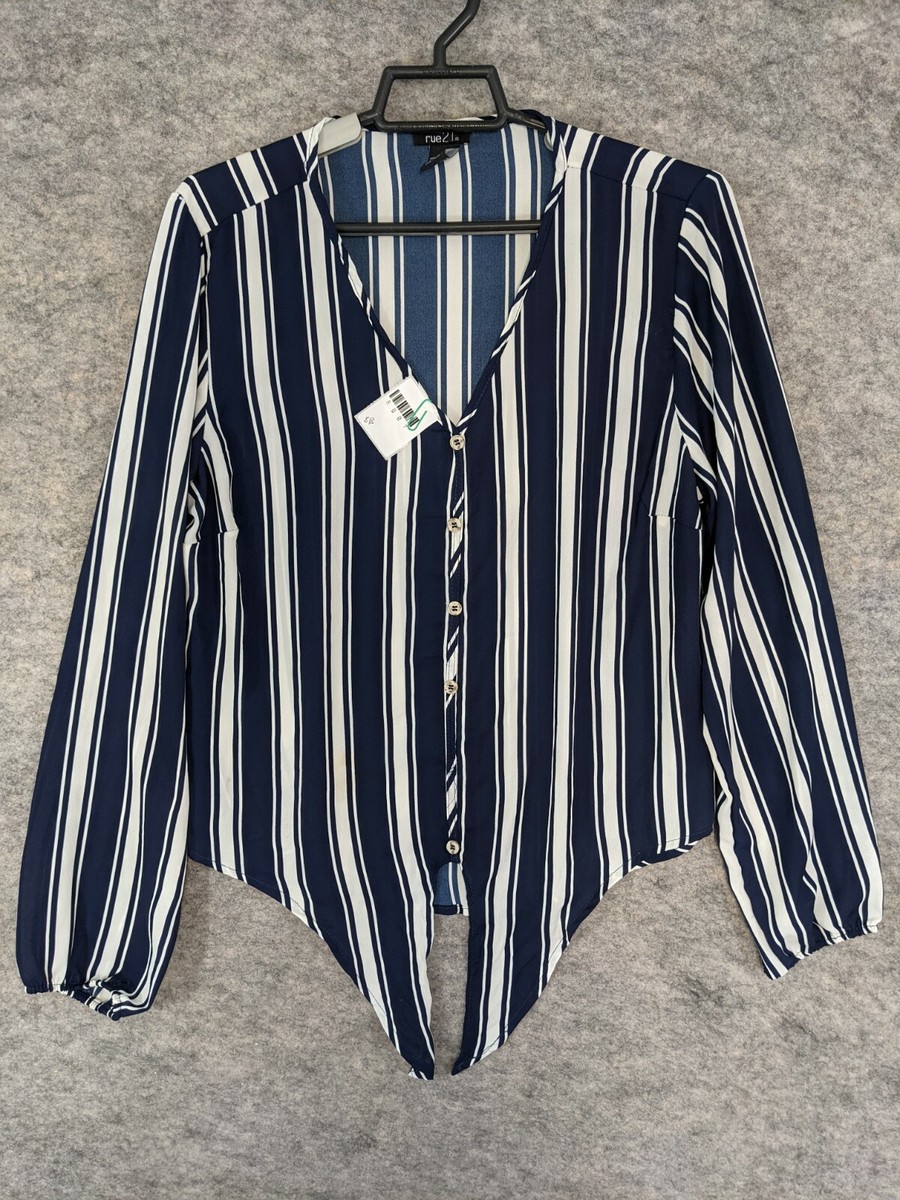 Rue 21 Top Women Medium Blouse Navy White Stripe Long Sleeve Tie