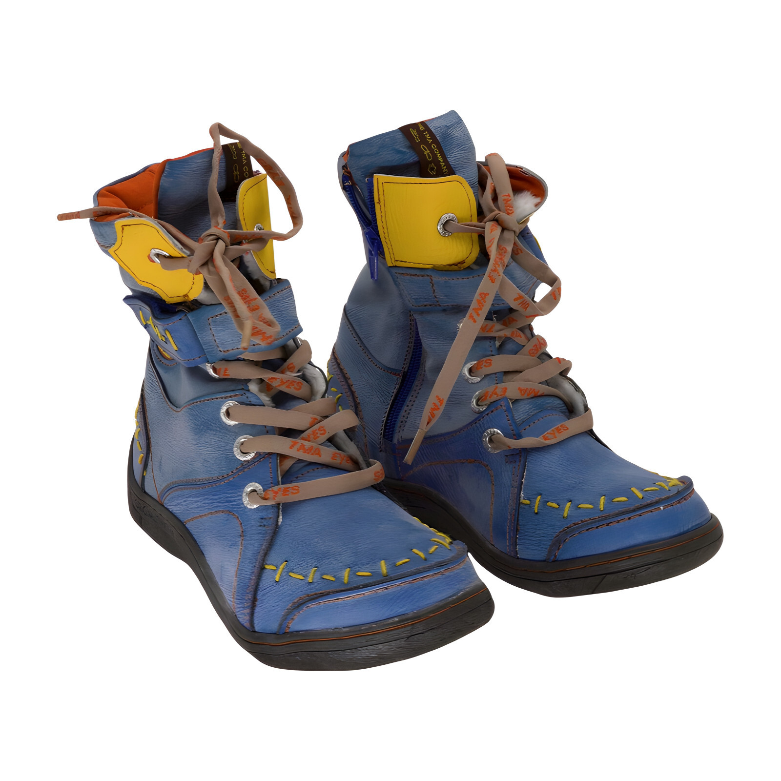 TMA EYES Blue &amp; Yellow Top-Stitch Leather Ankle Boot Womens Shoes, Blue, Size 39