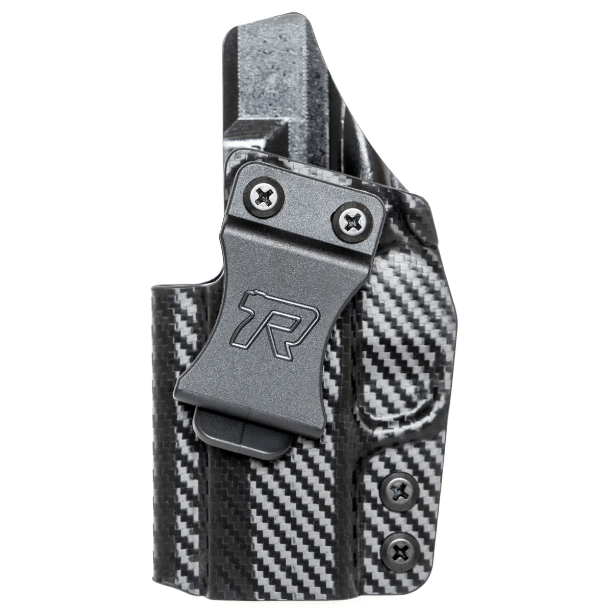Black kydex holster with textured diamond pattern, double stitching, and silver “R” logo on front.