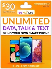 Speedtalk Smart Phone SIM Card Kit Unlimited Talk & Text 8GB Data 5G 4G LTE Plan