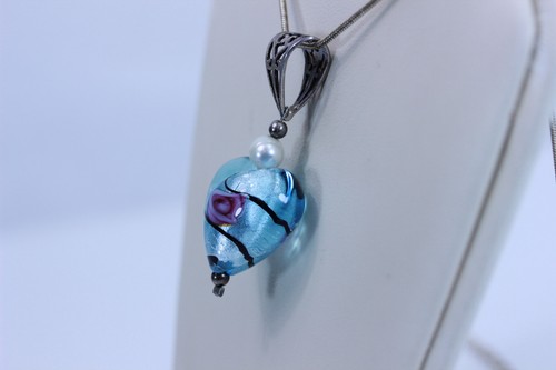 Hermoso Collar Corazón Plata Esterlina Azul Vidrio Soplado a Mano 16"- 13822 - Imagen 5 de 7