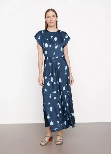 $495 VINCE Sea Carnation Cap Sleeve Dress 20 Coastal Floral Satin Midi Raw Edge - Picture 10 of 13