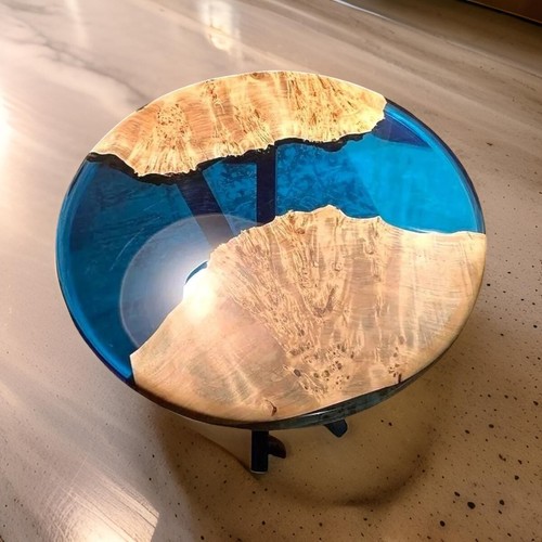 Blue Epoxy Resin Round Coffee Side Table – Modern Accent Table for Living Room - Picture 4 of 13