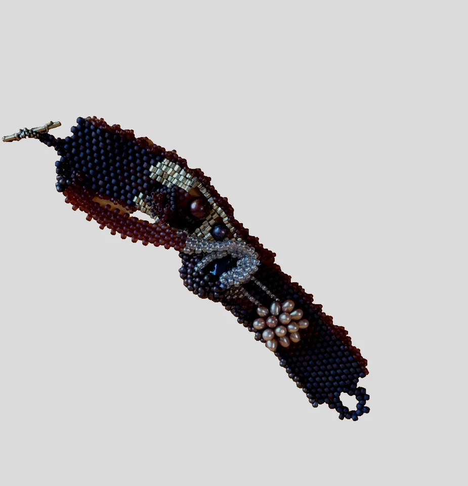 Artisan Peyote Stitch Bracelet Faceted Onyx Stone Center Glass Quartz Pearl Bead - Image 2 of 4