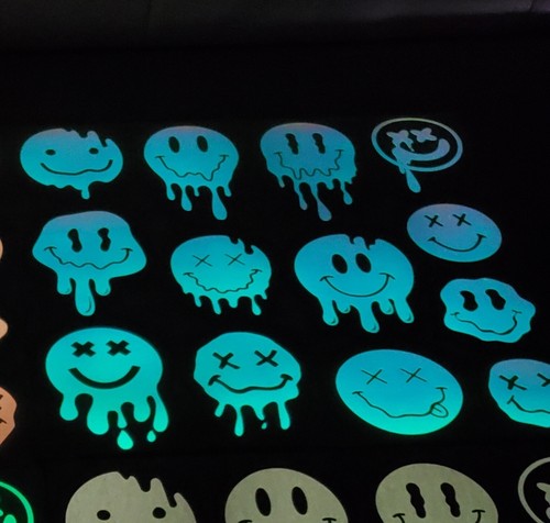 Glow In The Dark Vinyl Decal Smiley Face Drip Effect Lit Studio Decor Full Sheet - Picture 4 of 46