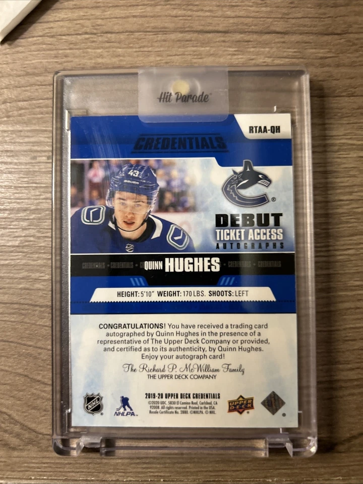 2019 Upper Deck Credentials Quinn Hughes Debut Ticket Rookie Auto /199 - Image 2 of 2