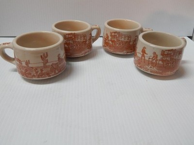 LOT OF 4 VINTAGE COWBOY WESTERN CHUCKWAGON WALLACE CHINA RESTAURANT COFFEE CUPS